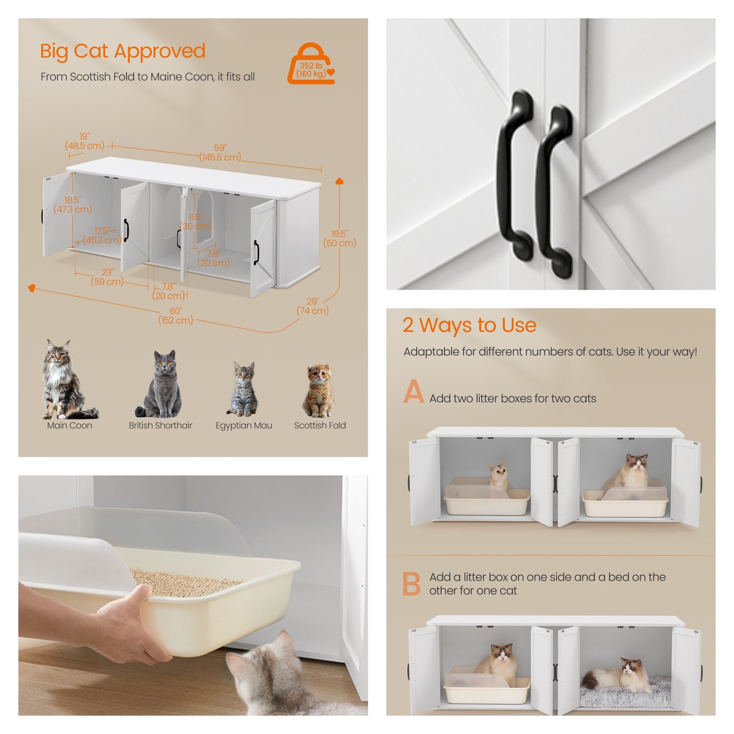Double Cat Litter Box Enclosure for 2 Cats, Hidden Litter Box Furniture with Front Entry, Side End Table & TV Stand, 59 x 19.5 x 20 Inches, Cloud White