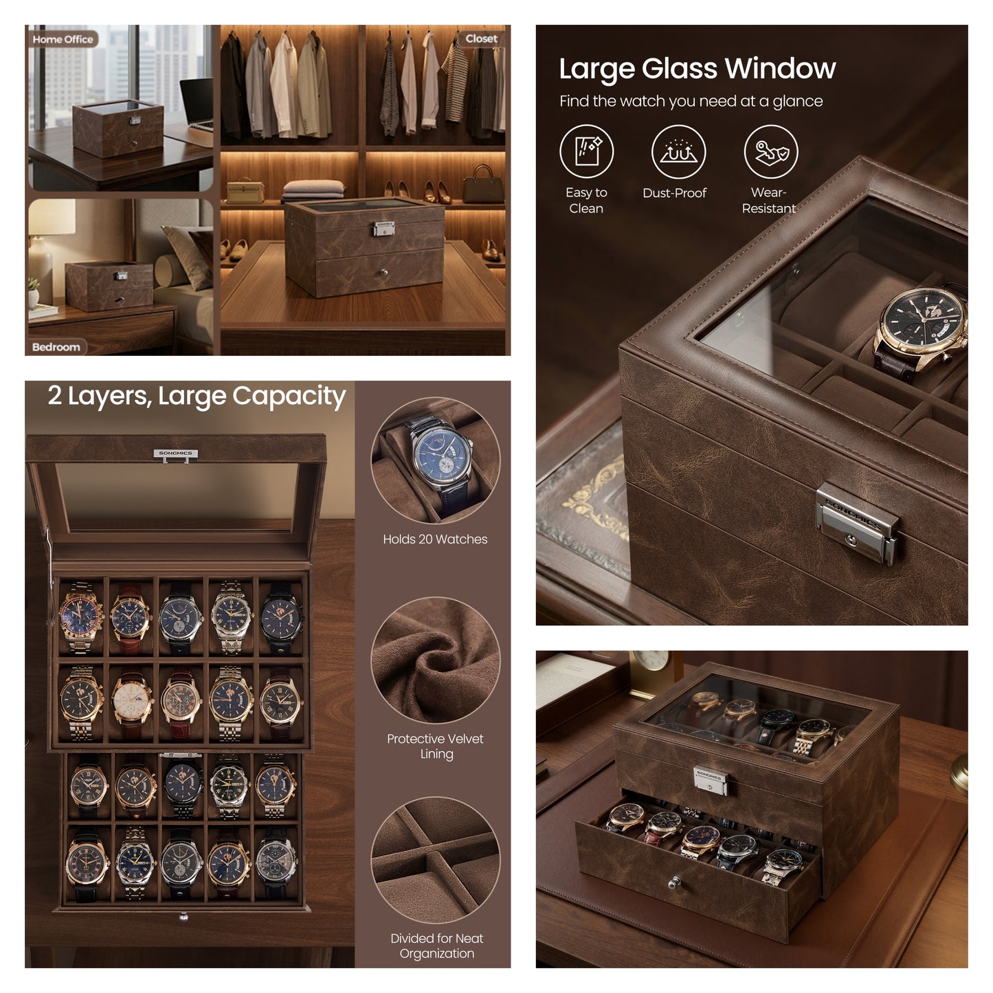 Watch Box, 20-Slot Watch Case Organizer with Large Glass Lid & Removable Pillows, Metal Lock for Security, Synthetic Leather, Coffee Brown