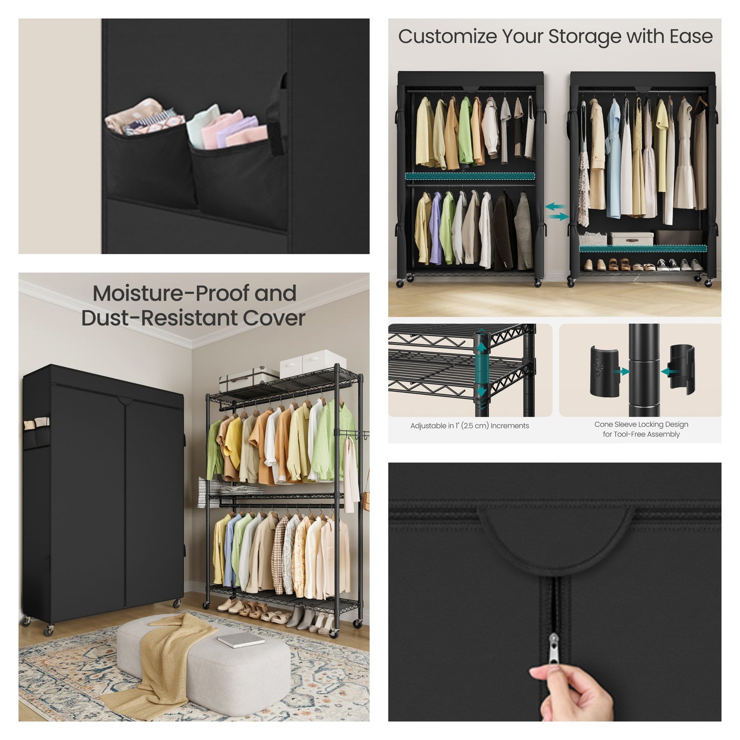 Heavy-Duty Rolling Clothes Rack, Portable Garment Rack on Wheels with Adjustable Mesh Shelves & Hanging Rails, Fabric Cover Included, Ink Black