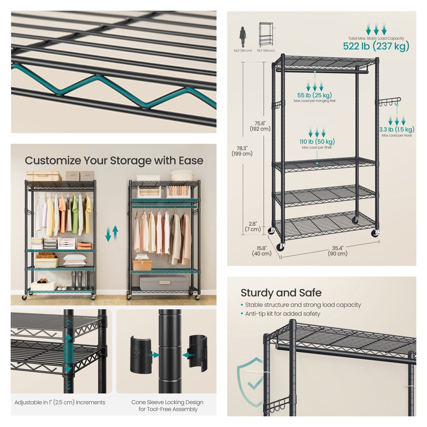 Heavy-Duty Rolling Clothes Rack, Portable Garment Rack on Wheels with 4 Adjustable Shelves & Hanging Rail, Tool-Free Assembly, Ink Black
