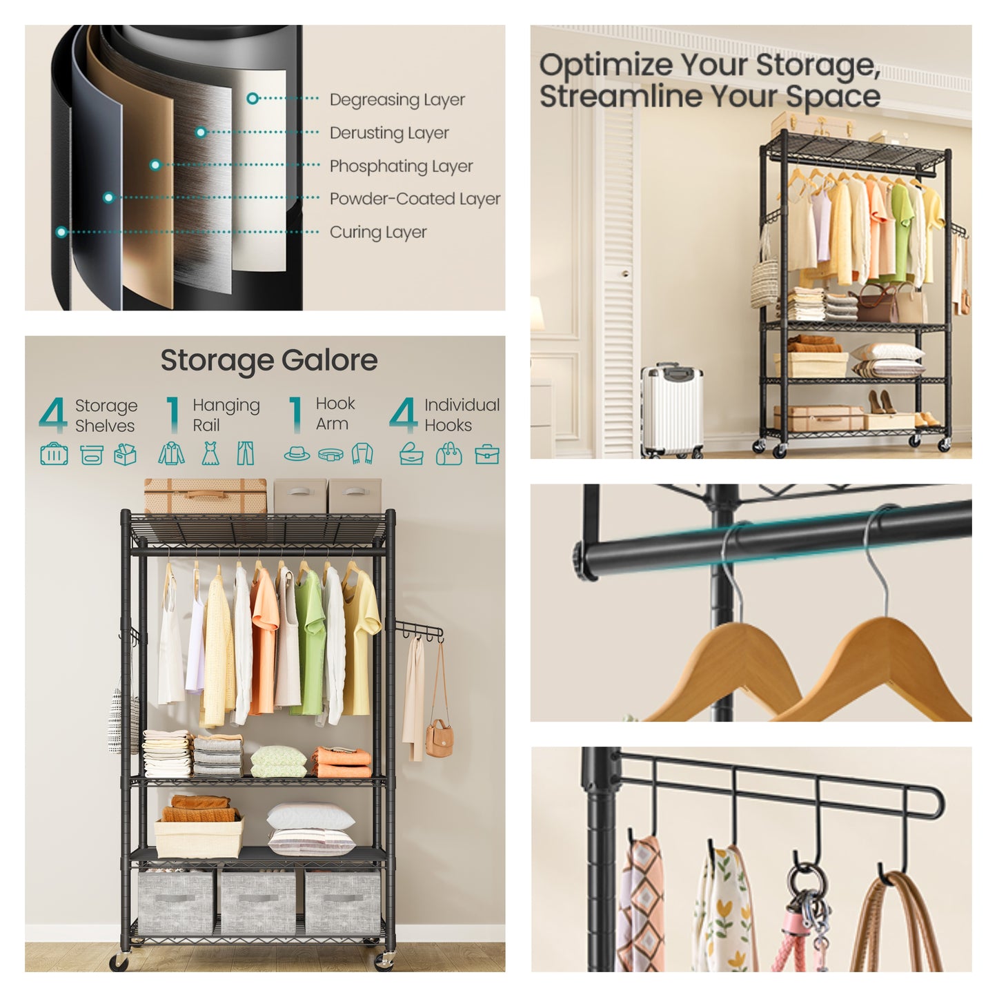 Heavy-Duty Rolling Clothes Rack, Portable Garment Rack on Wheels with 4 Adjustable Shelves & Hanging Rail, Tool-Free Assembly, Ink Black