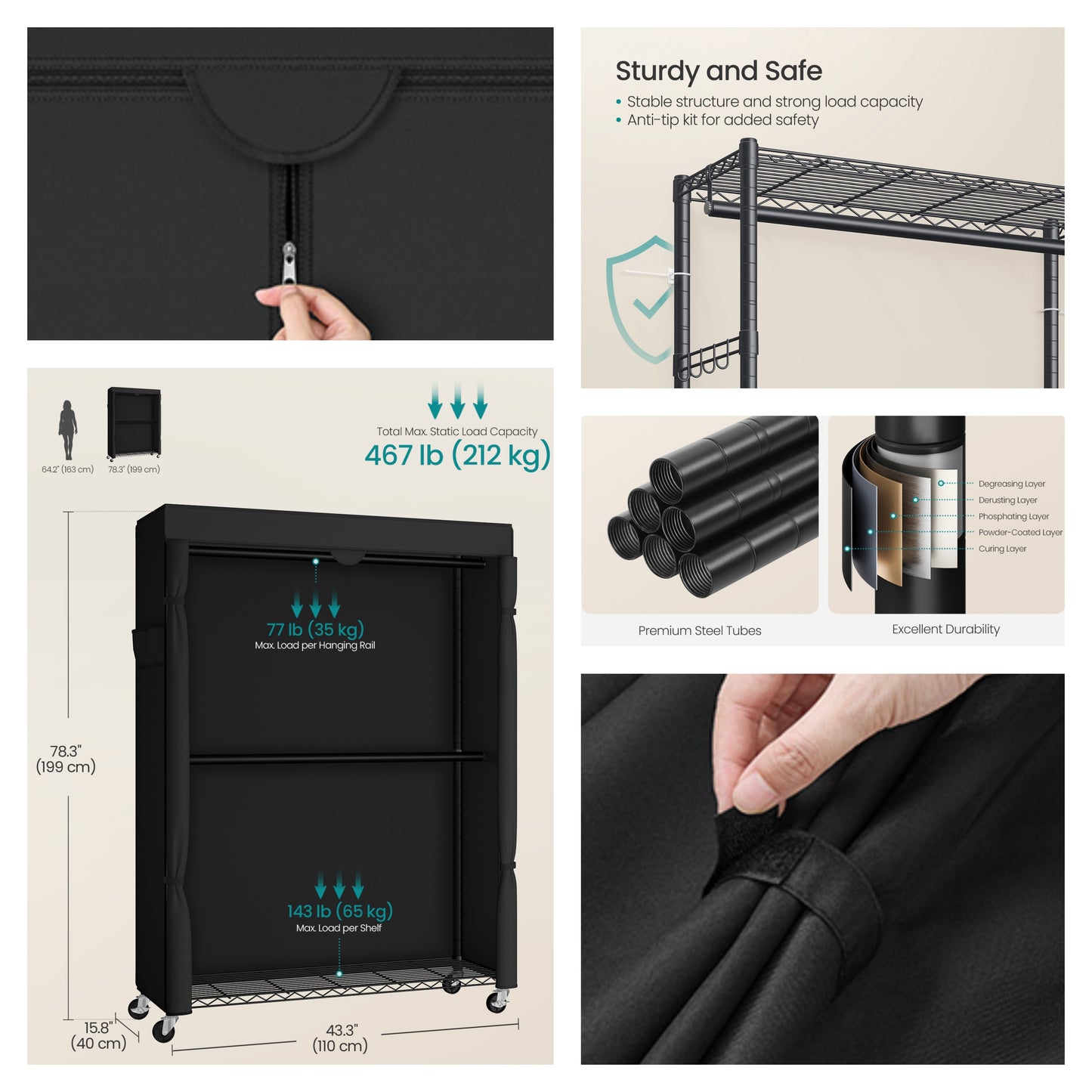 Heavy-Duty Rolling Clothes Rack, Portable Garment Rack on Wheels with Fabric Cover & Adjustable Shelves, Tool-Free Assembly, Ink Black
