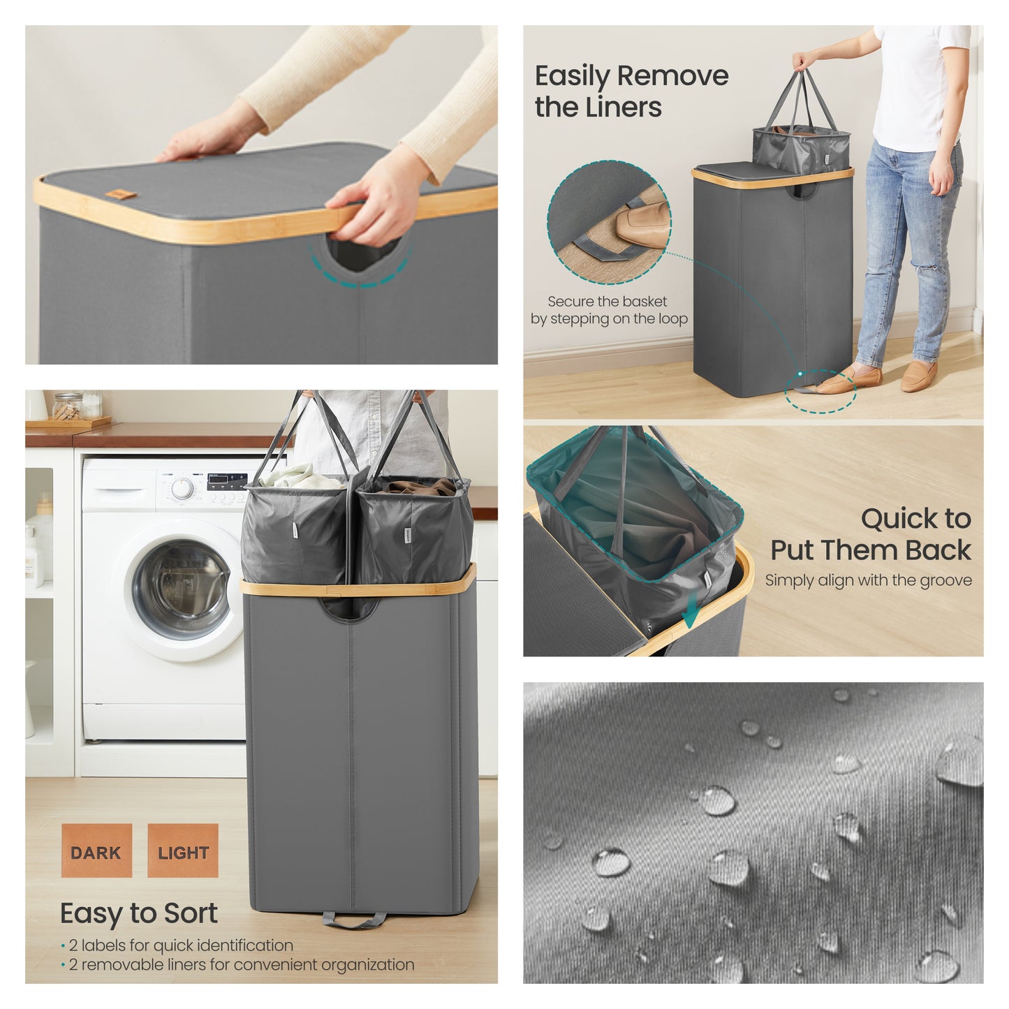 Laundry Hamper with Lids, 2-Compartment Laundry Basket with Removable Liners, 39 Gal Large Capacity for Sorting Clothes, Slate Gray and Light Bamboo