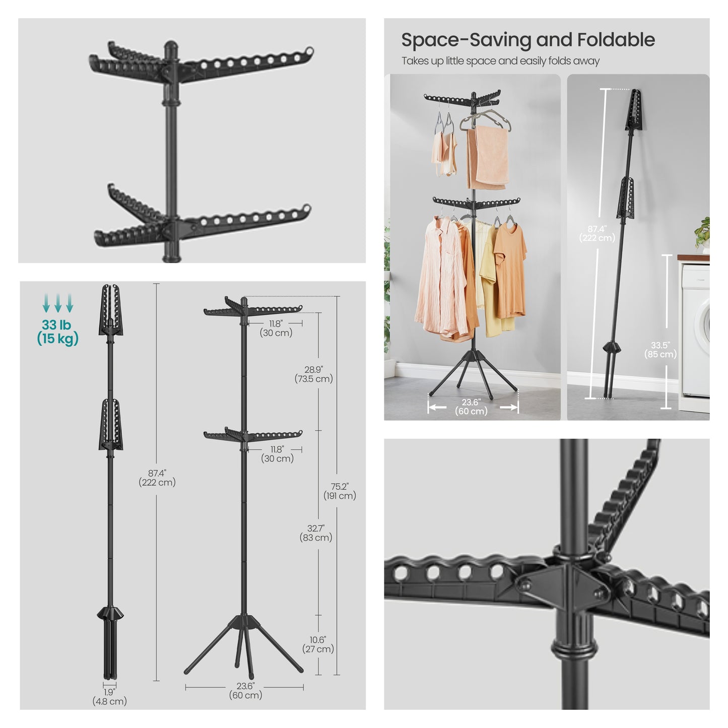 2-Tier Clothes Drying Rack, 75.2-Inch Folding Laundry Rack with 6 Rotatable Arms for Hangers, Stainless Steel Holds 54 Pieces, Black