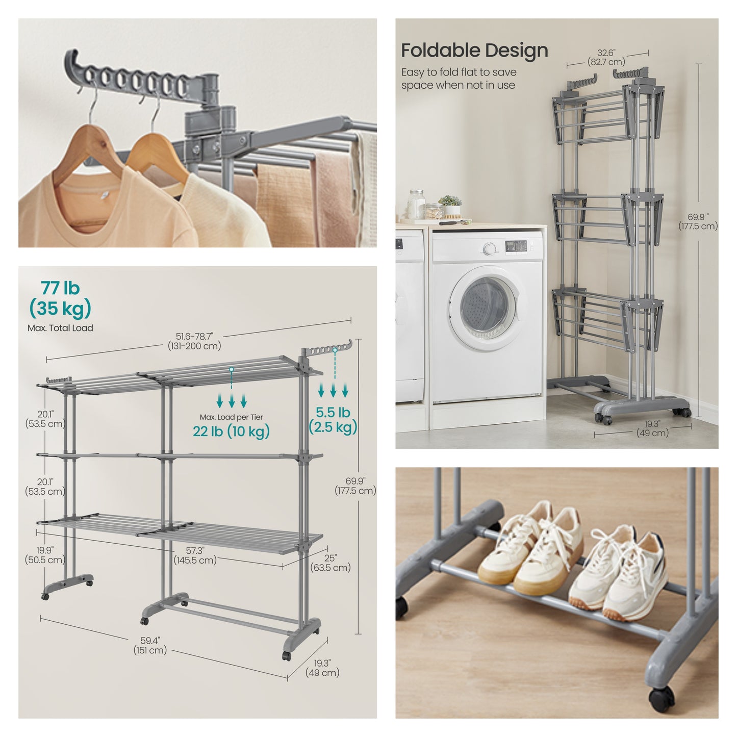 Clothes Drying Rack 4-Tier, Foldable Laundry Drying Rack with Extendable Rods & Rolling Wheels, Stainless Steel Indoor Outdoor Airer, Dove Gray