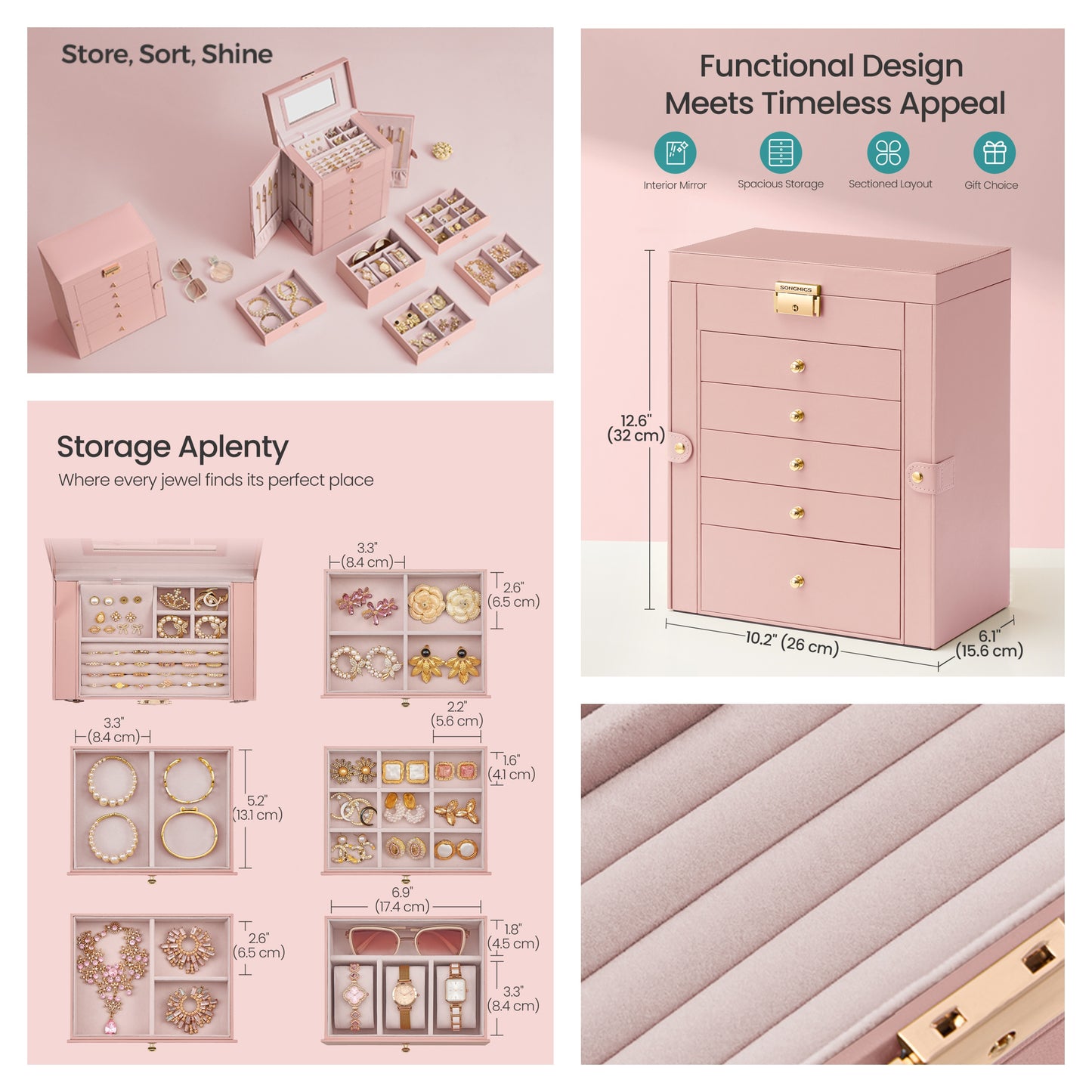 Jewelry Box Organizer, 6-Layer Jewelry Storage Case with 5 Drawers, Lock & Mirror, Large Capacity for Necklaces Watches, Jelly Pink
