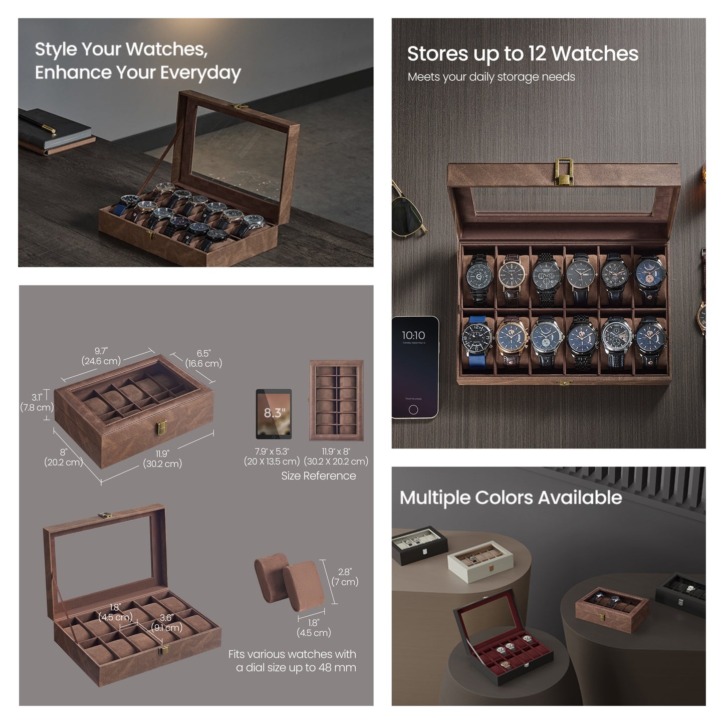 Watch Box, 12-Slot Watch Case Organizer with Large Glass Lid & Removable Pillows, Synthetic Leather Display Storage for Watches, Coffee Brown