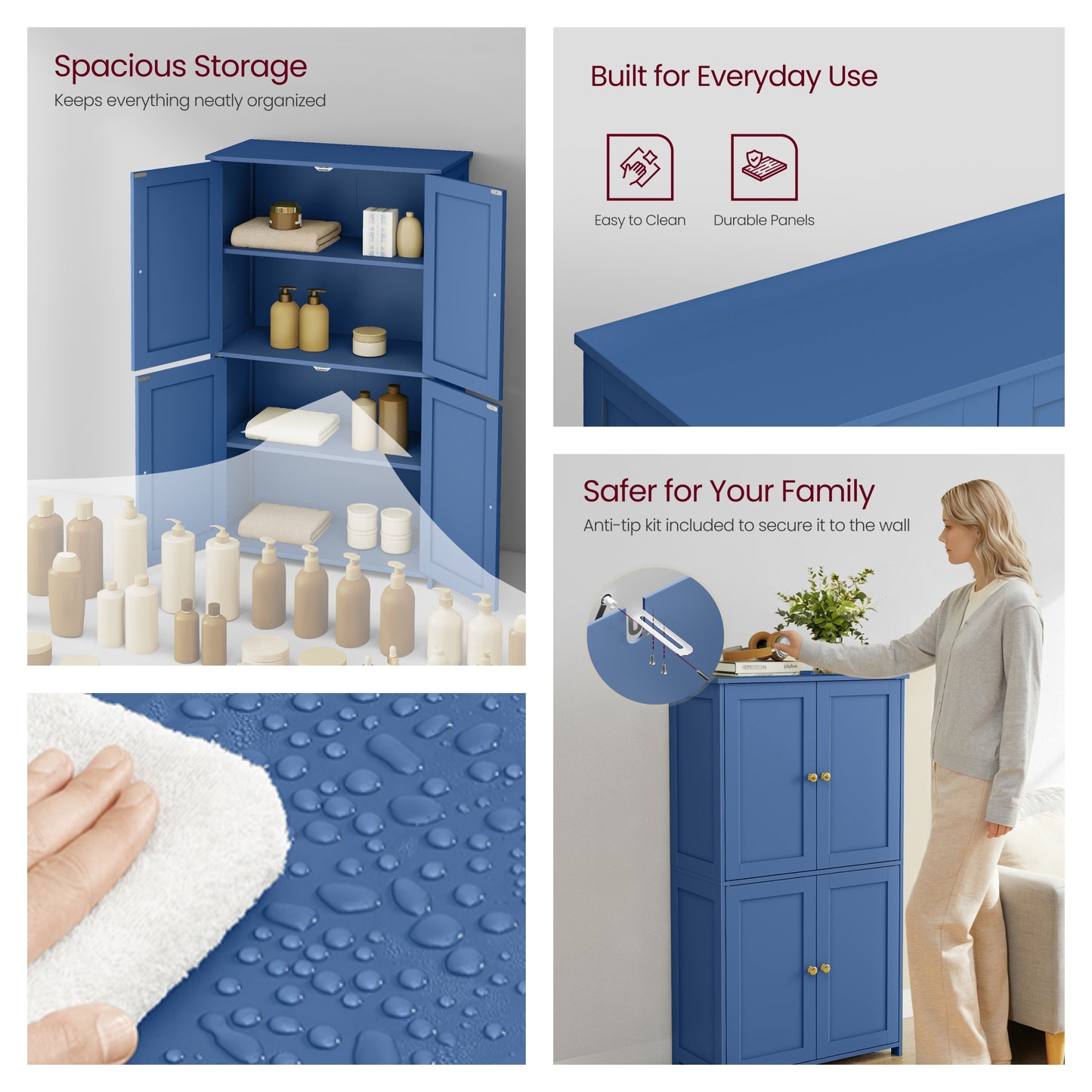 Bathroom Storage Floor Cabinet Organizer with Adjustable Shelf 4 Magnetic Doors 43" Wooden Pantry Cabinet Freestanding for Living Kitchen Room Small Spaces,Blue