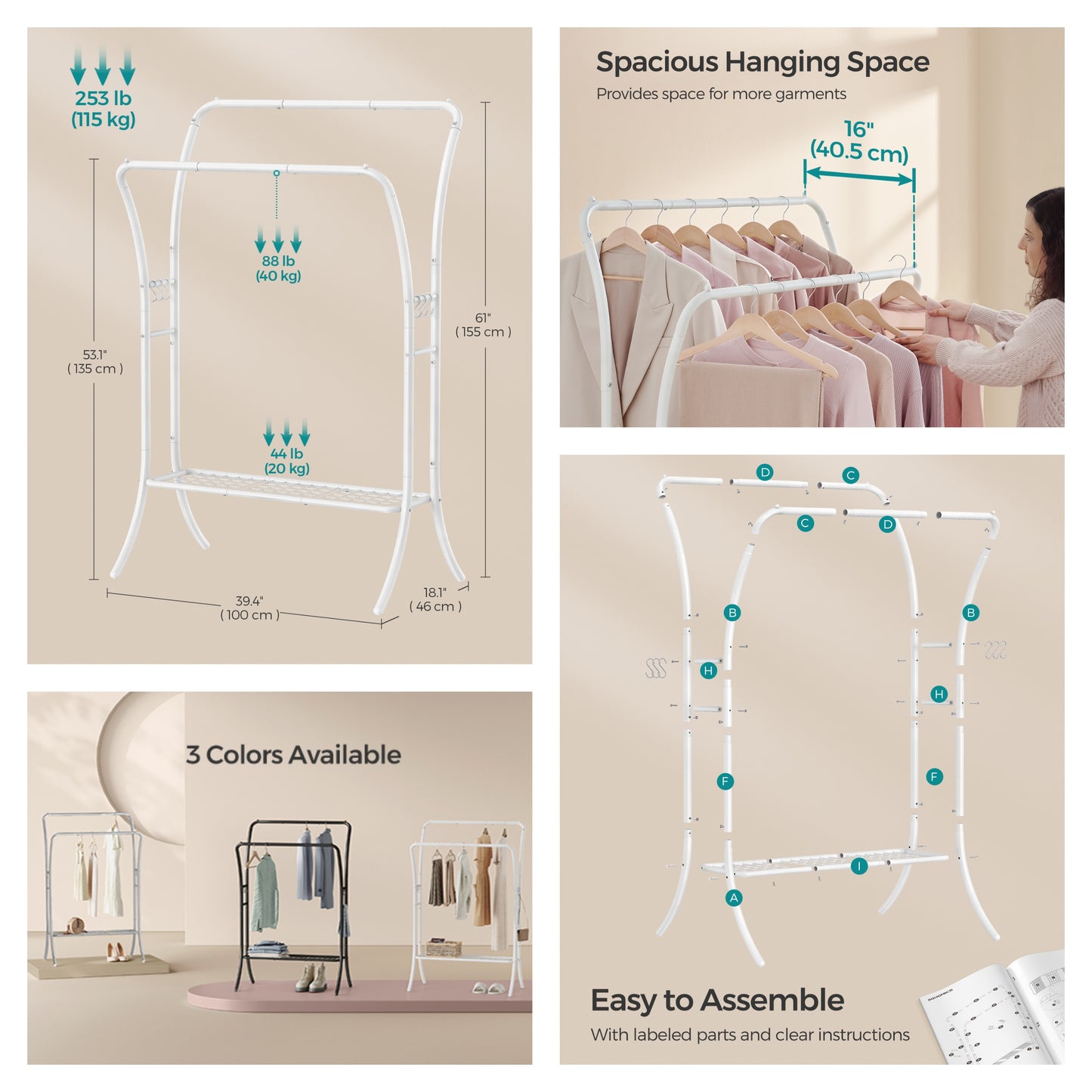 Clothes Rack, Heavy-Duty Garment Rack with Double Rods & Shelves, Clothing Storage with 6 Hooks for Bedroom Living Room, Cloud White
