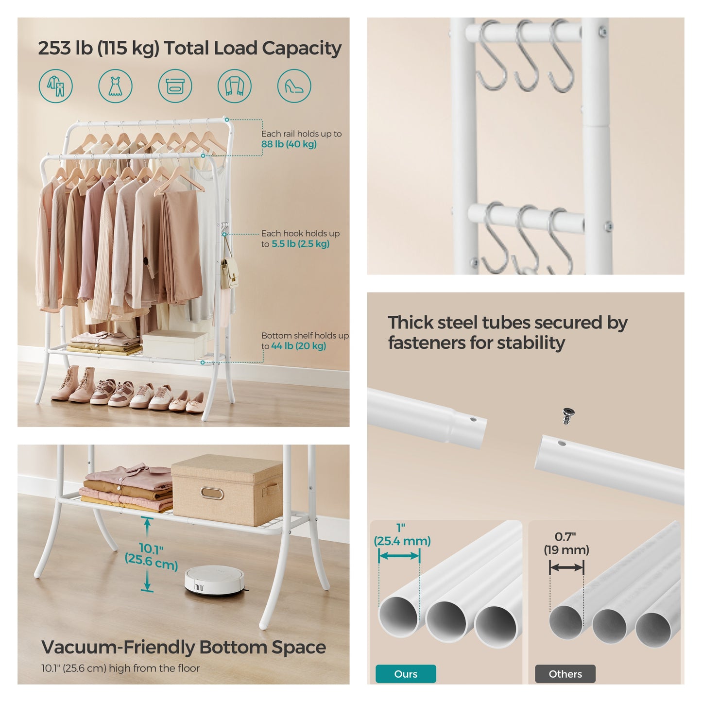 Clothes Rack, Heavy-Duty Garment Rack with Double Rods & Shelves, Clothing Storage with 6 Hooks for Bedroom Living Room, Cloud White