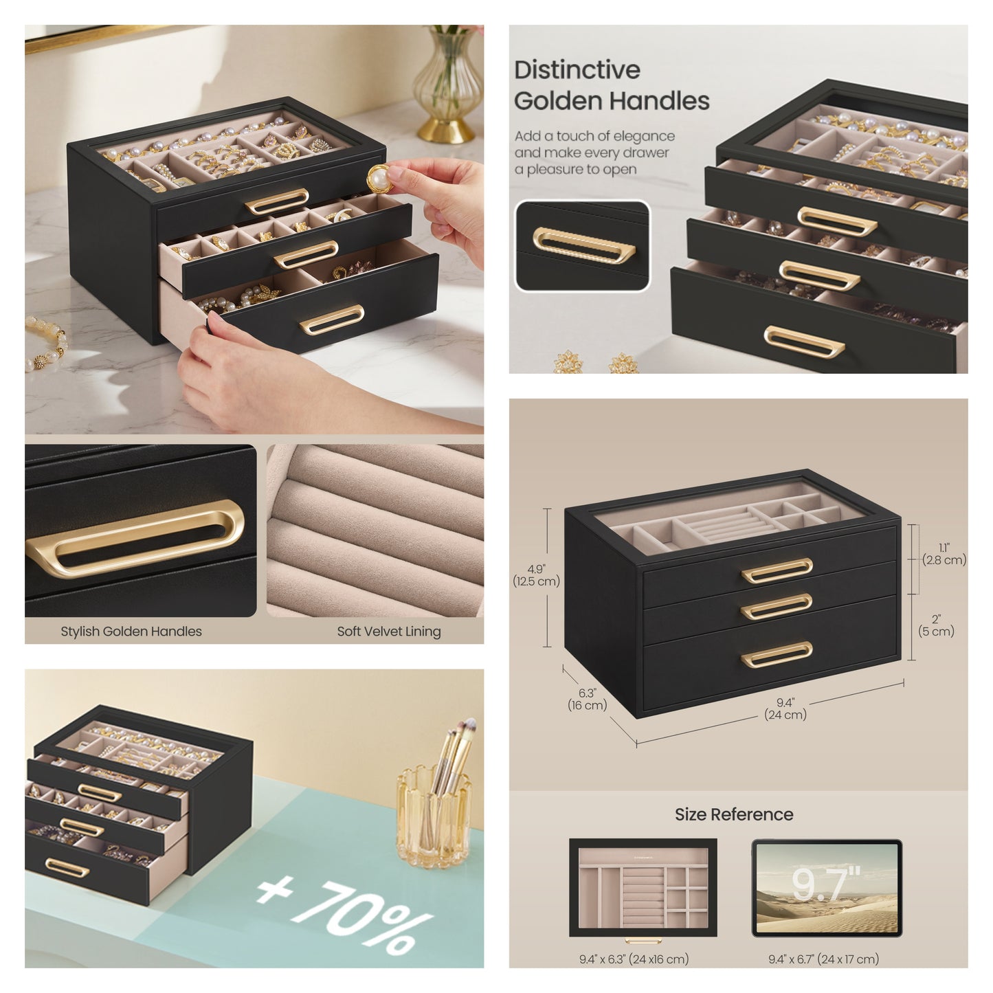 3-Layer Jewelry Box with Glass Window, 3-Drawer Jewelry Organizer for Rings, Earrings, Bracelets, Black and Gold, 6.3 x 9.4 x 4.9 Inches