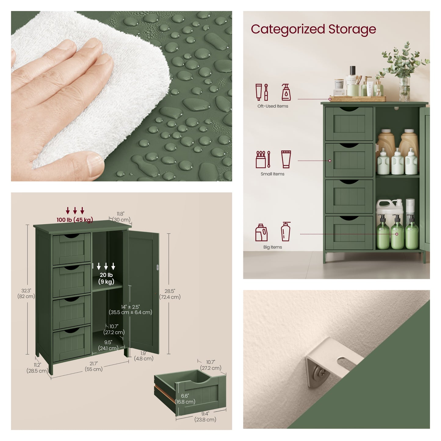 Freestanding Storage Cabinet with Drawers & Door, Adjustable Shelf Floor Cabinet for Bathroom, Living Room, Kitchen, 21.7 x 32.3 x 11.8 Inches, Forest Green