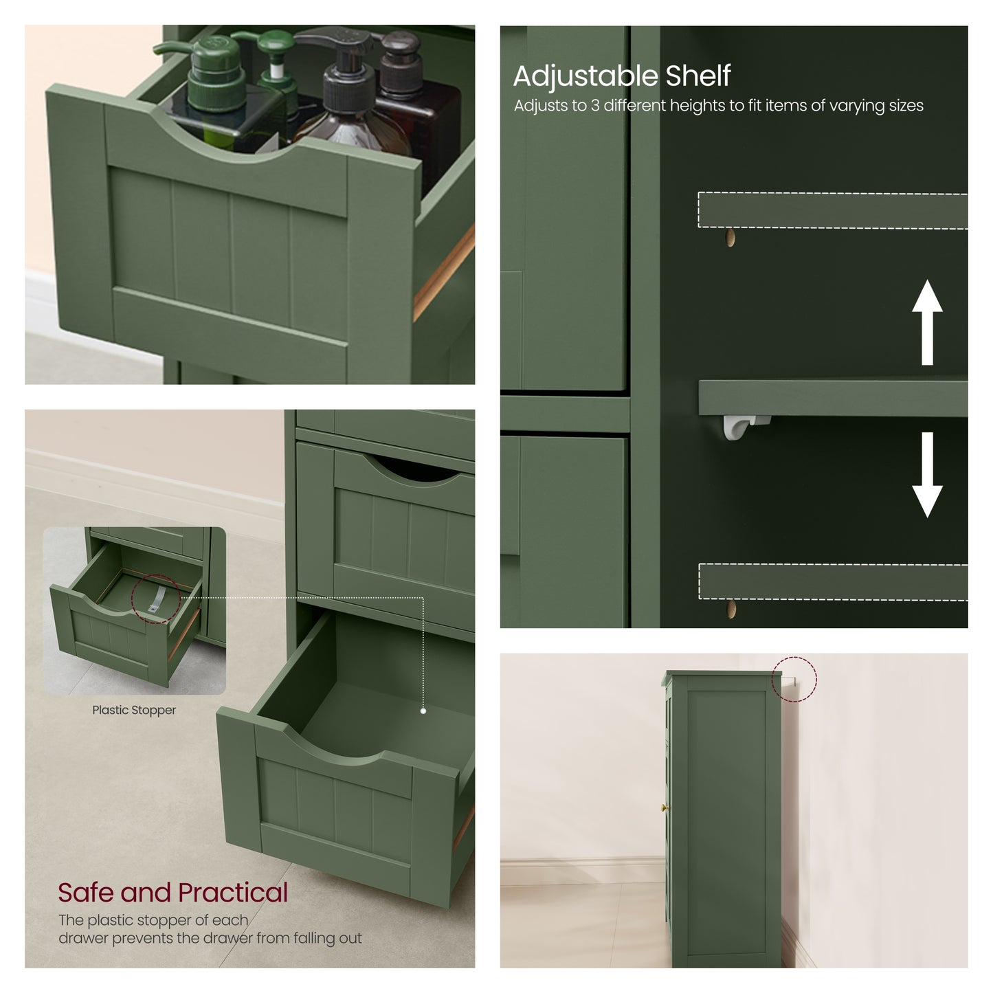 Freestanding Storage Cabinet with Drawers & Door, Adjustable Shelf Floor Cabinet for Bathroom, Living Room, Kitchen, 21.7 x 32.3 x 11.8 Inches, Forest Green