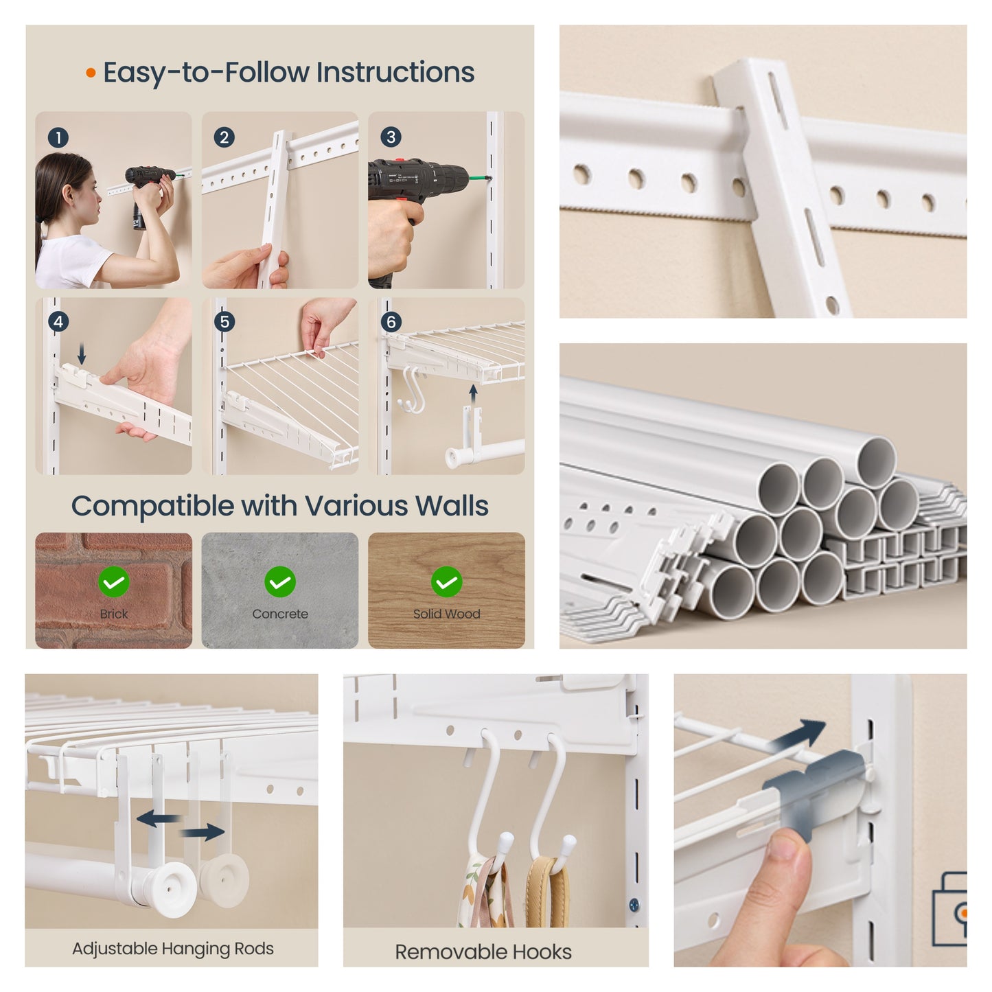 Closet Organizer System, 4-8 ft Wide Adjustable Shelving Unit with 6 Rods & 6 Shelves, Freestanding Storage Insert for Bedroom Pantry Garage, Cloud White