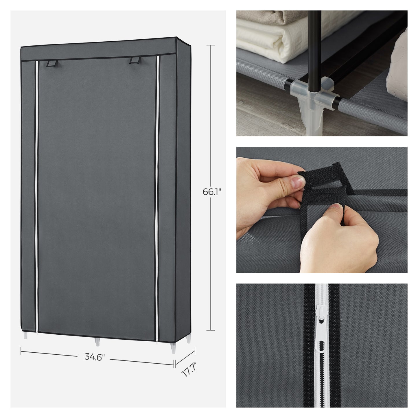 Portable Closet Organizer with Hanging Rail & 6 Shelves - Freestanding Storage Wardrobe for Bedroom, 66.1 Inch,Grey