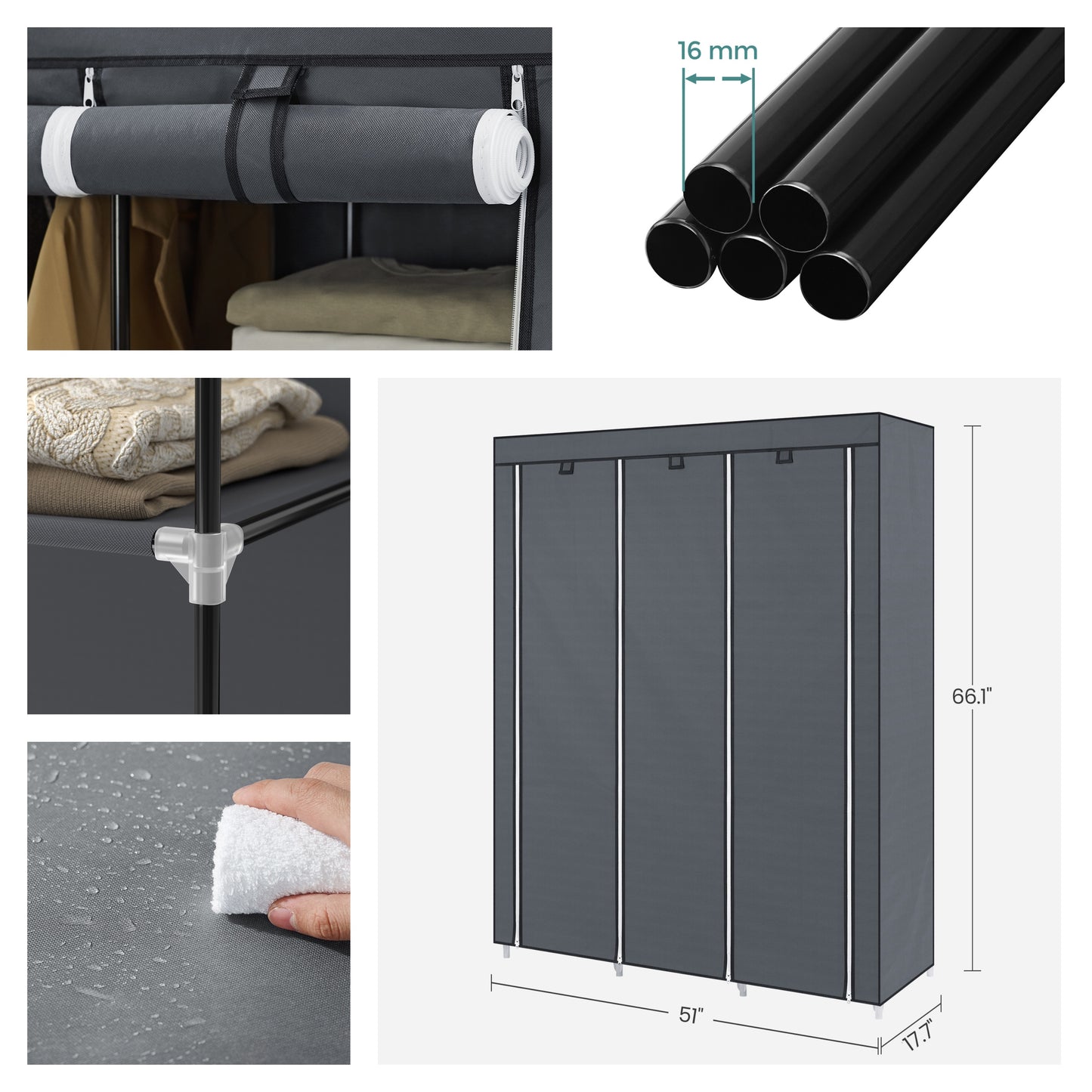 Large Portable Closet with 10 Shelves & Hanging Rail - Freestanding Fabric Wardrobe for Bedroom, 66 Inch,  Grey