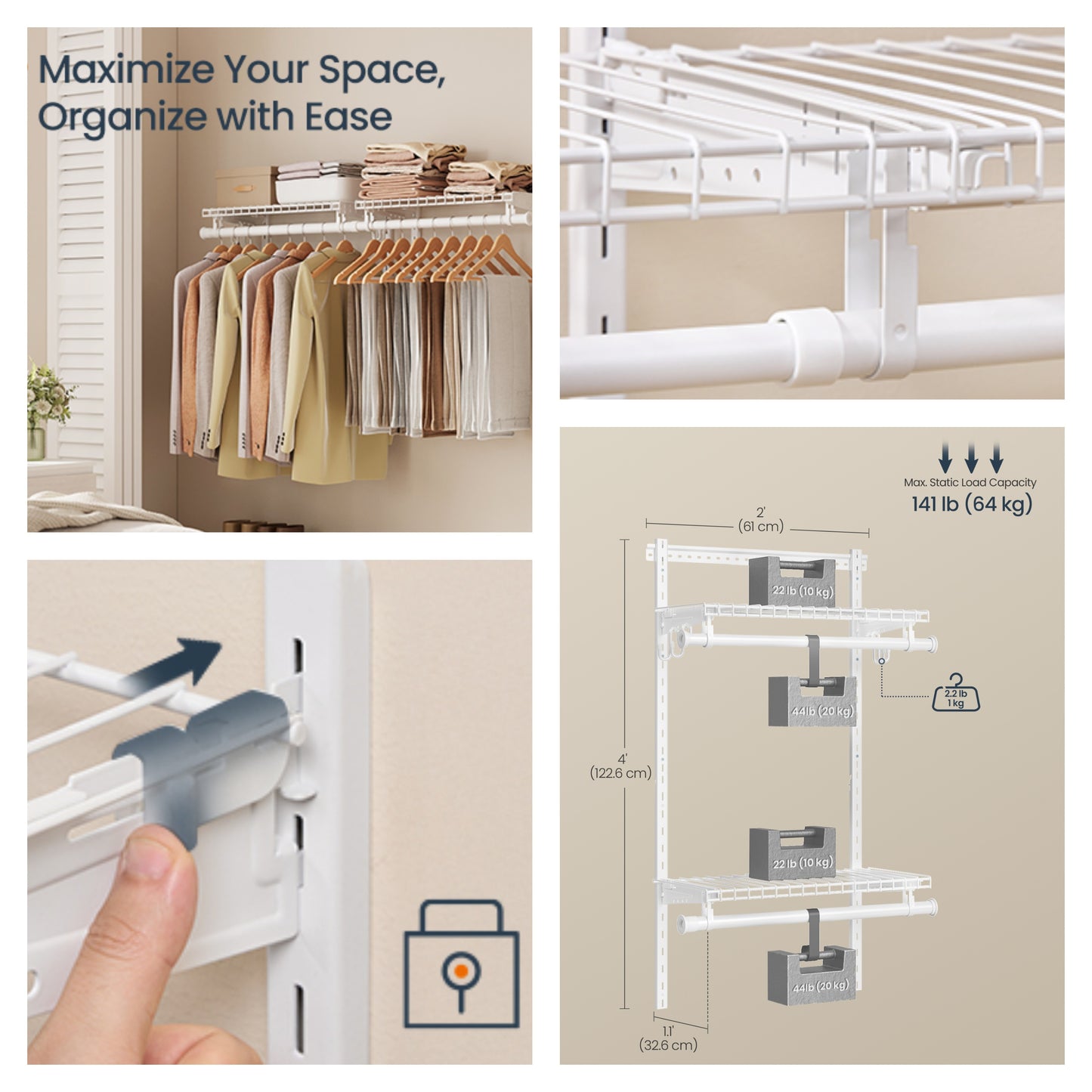 Adjustable Closet Organizer System, 2-4 ft Metal Shelving Unit with 2 Hanging Rods & 2 Shelves, for Wardrobe Pantry Mudroom, Cloud White