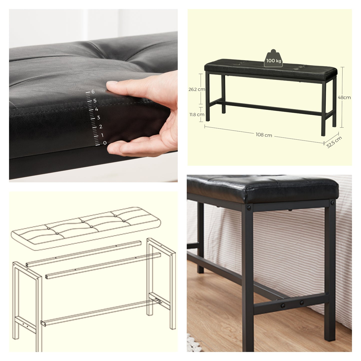 Dining Bench with PU Leather Padded Seat, 42.5-Inch Ottoman Bench for Dining Room, Living Room, Hallway, Bedroom, Black