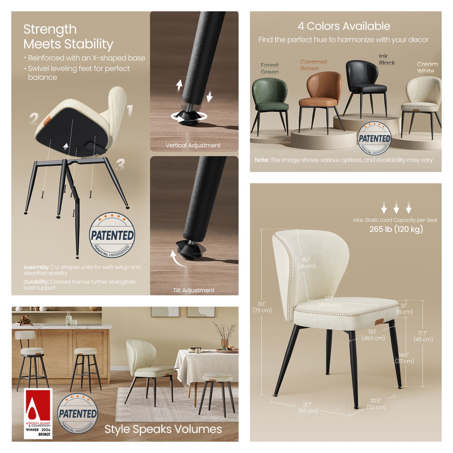 Set of 4 Mid-Century Modern Dining Chairs, Upholstered Kitchen Chairs with Synthetic Leather & Stitching, Award-Winning Design, Cream White