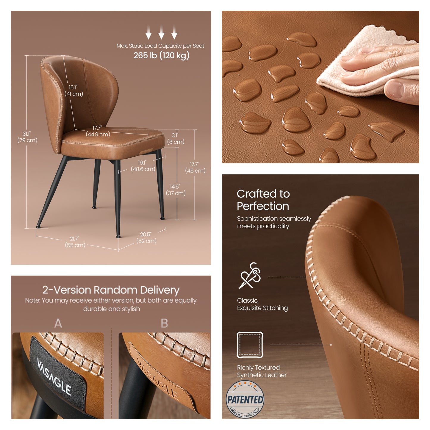Set of 4 Mid-Century Modern Dining Chairs, Upholstered Kitchen Chairs with Synthetic Leather & Stitching, Award-Winning Design, Caramel Brown