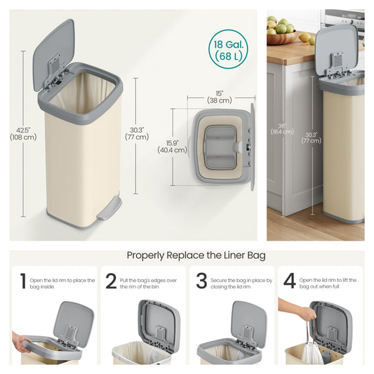 18 Gallon Stainless Steel Kitchen Trash Can, Stay-Open Lid with Step Pedal & Odor Filter, Large Capacity Bin, Sand Beige and Dove Gray