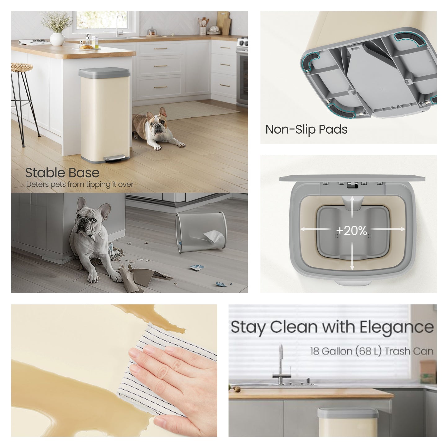 18 Gallon Stainless Steel Kitchen Trash Can, Stay-Open Lid with Step Pedal & Odor Filter, Large Capacity Bin, Sand Beige and Dove Gray