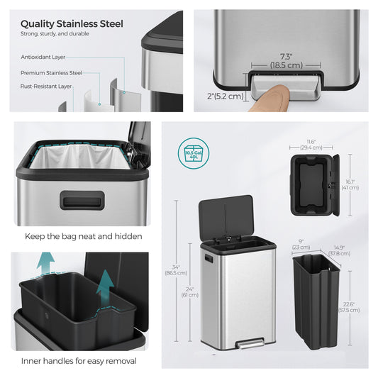 10.5-Gallon Step Kitchen Trash Can, Soft-Close Stay-Open Lid, Inner Bucket, Wide Pedal, Compact Design, Stainless Steel,Silver