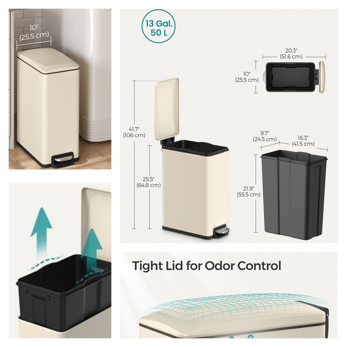 13 Gallon Slim Trash Can, Soft-Close Lid with Inner Bucket & Pedal, Narrow Space Kitchen Bin, Sand Beige