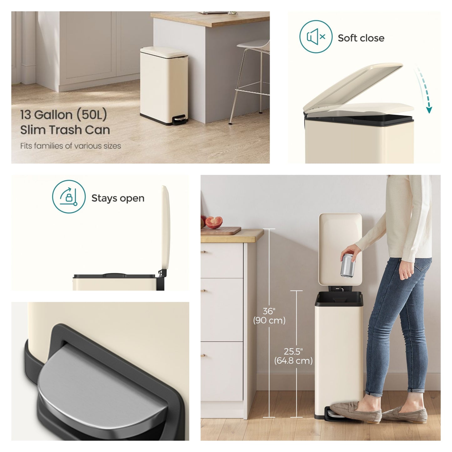 13 Gallon Slim Trash Can, Soft-Close Lid with Inner Bucket & Pedal, Narrow Space Kitchen Bin, Sand Beige