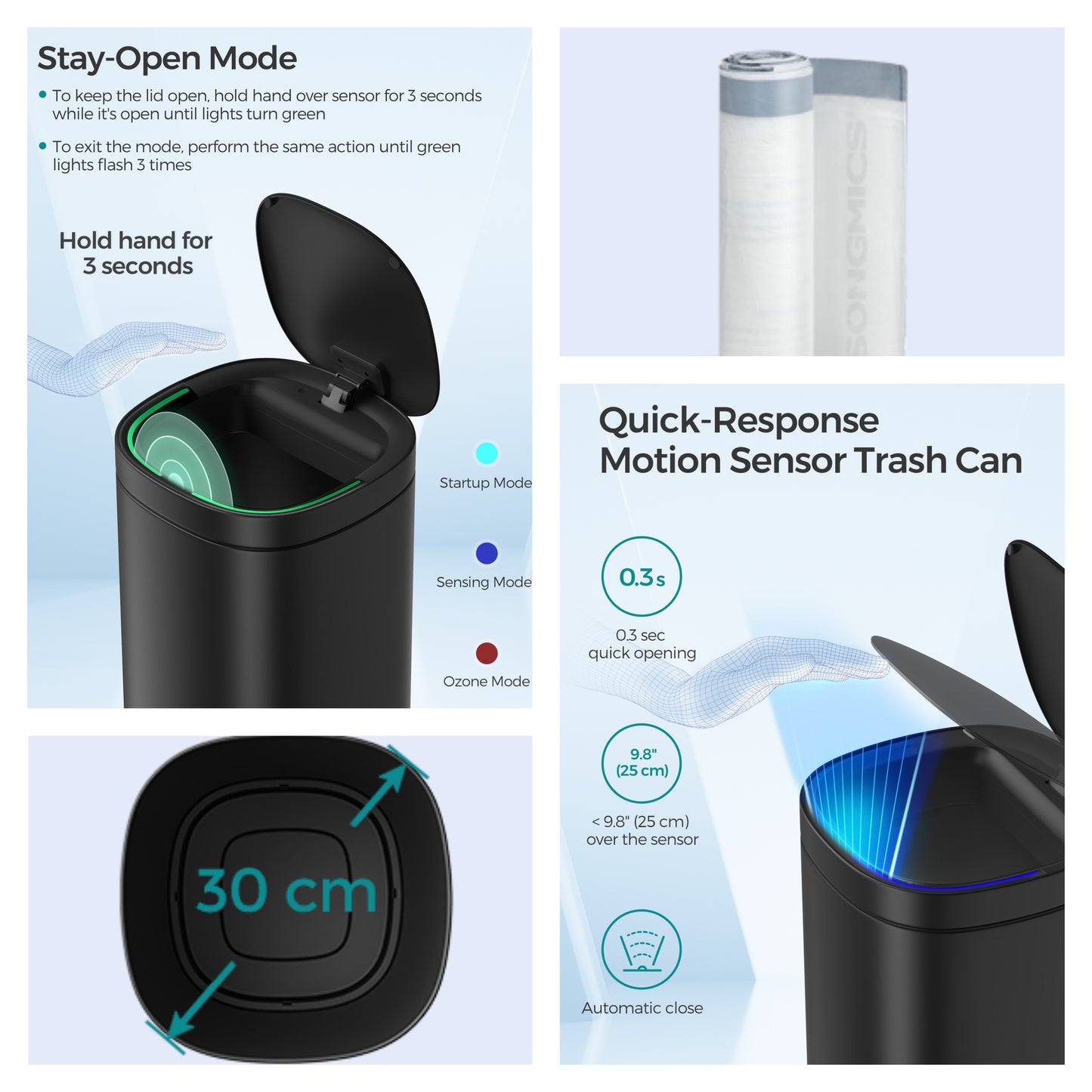Motion Sensor Trash Can 13 Gallon, Automatic Kitchen Garbage Bin with Ozone Odor Control, Stay-Open Lid, Multi-Color Indicators, Stainless Steel，Black