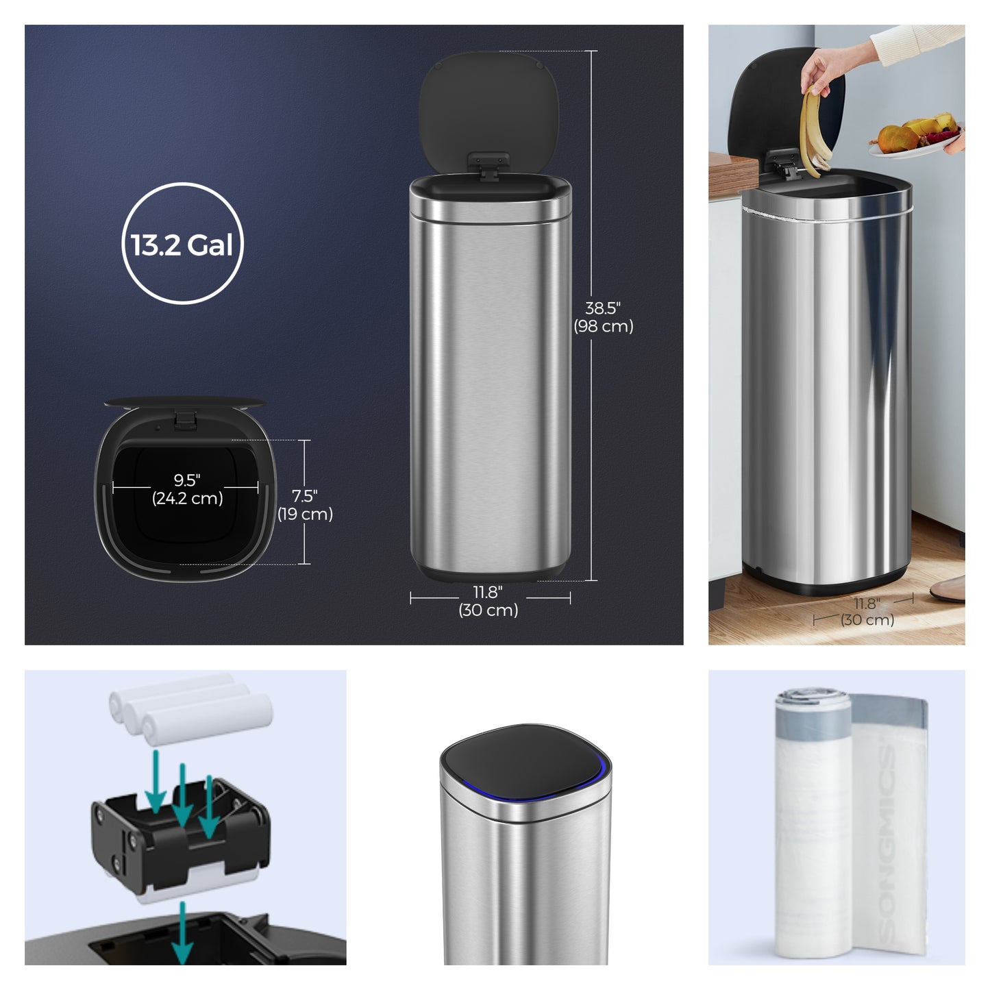 Motion Sensor Trash Can 13 Gallon, Automatic Kitchen Garbage Bin with Ozone Odor Control, Stay-Open Lid, Multi-Color Indicators, Stainless Steel，Silver