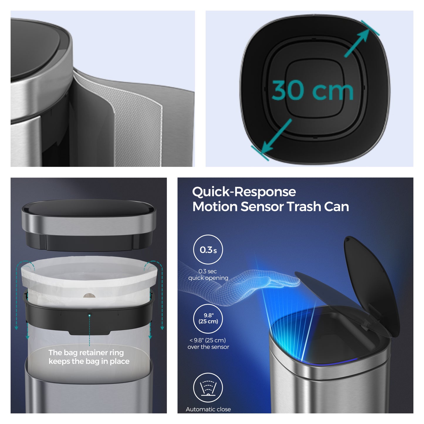 Motion Sensor Trash Can 13 Gallon, Automatic Kitchen Garbage Bin with Ozone Odor Control, Stay-Open Lid, Multi-Color Indicators, Stainless Steel，Silver