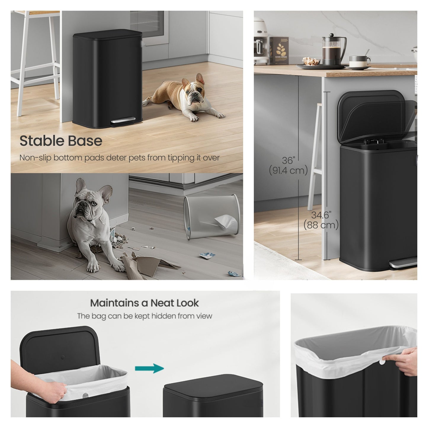 13-Gallon Step Kitchen Trash Can, Soft-Close Stay-Open Lid, Inner Bucket, Non-Slip Pedal, Family Stainless Steel Bin,Ink Black