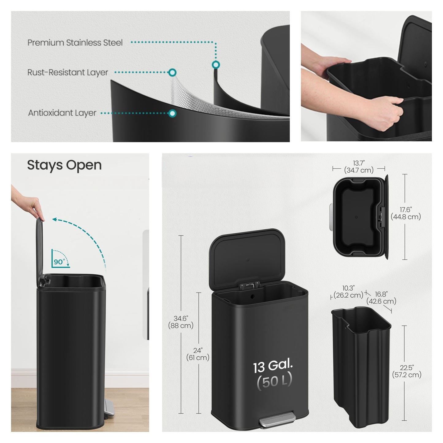 13-Gallon Step Kitchen Trash Can, Soft-Close Stay-Open Lid, Inner Bucket, Non-Slip Pedal, Family Stainless Steel Bin,Ink Black