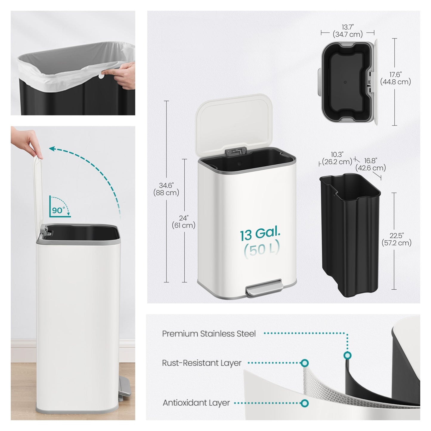 13-Gallon Step Trash Can, Soft-Close Stay-Open Lid, Inner Bucket, Anti-Slip Base, Family Kitchen Stainless Steel Bin,Cloud White