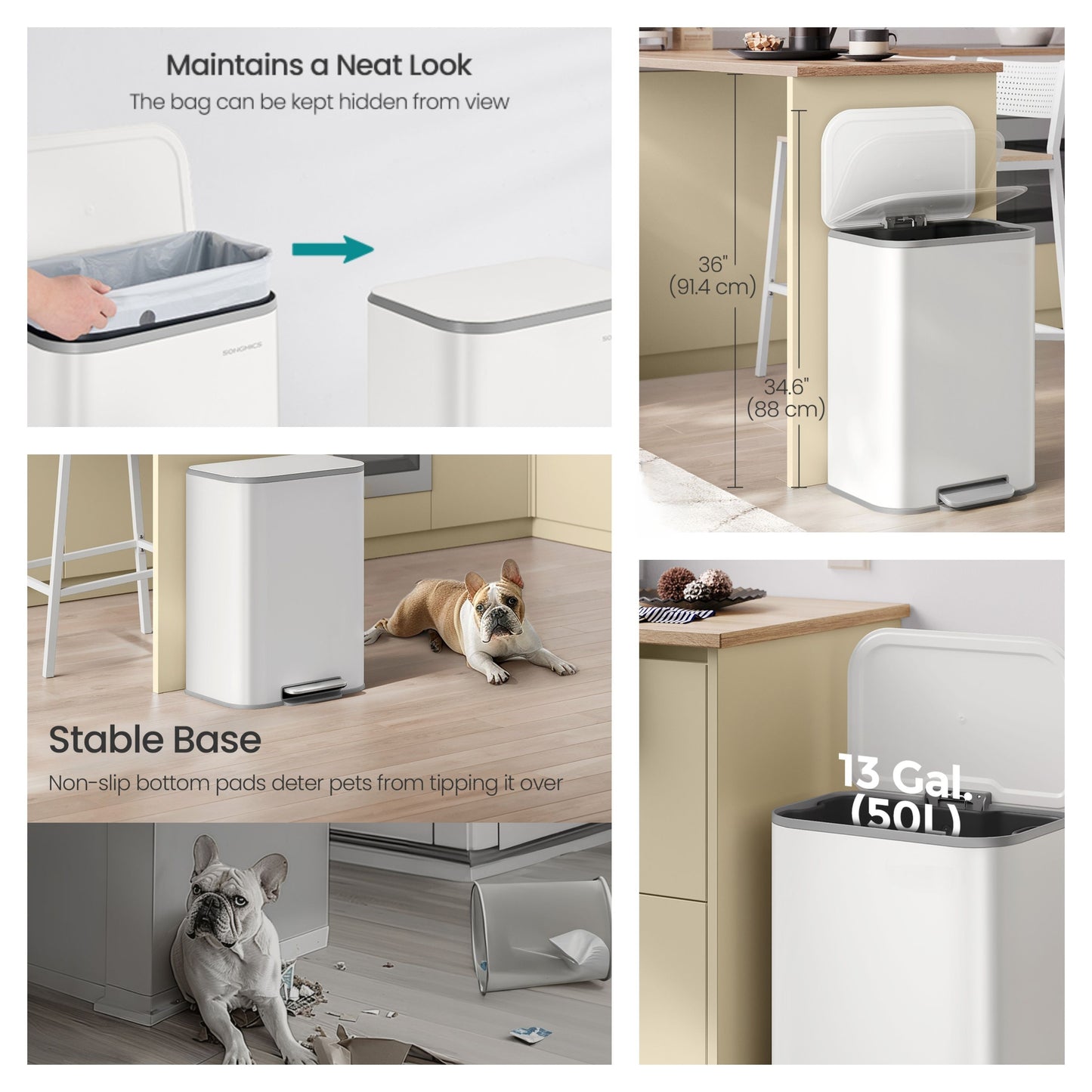 13-Gallon Step Trash Can, Soft-Close Stay-Open Lid, Inner Bucket, Anti-Slip Base, Family Kitchen Stainless Steel Bin,Cloud White