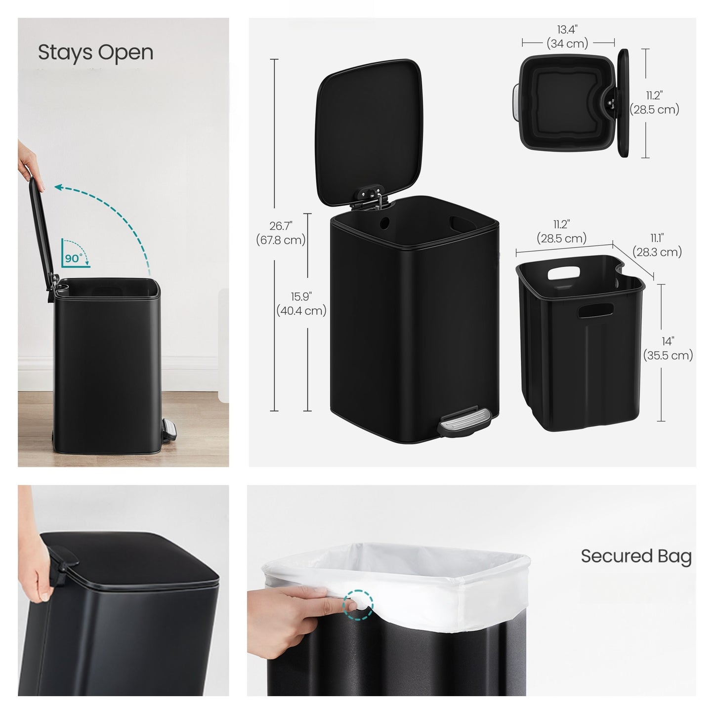 Kitchen Trash Can with Inner Bucket, 5.2-Gallon Soft-Close Lid Bin, Compact & Non-Slip Base, Stainless Steel,Ink Black