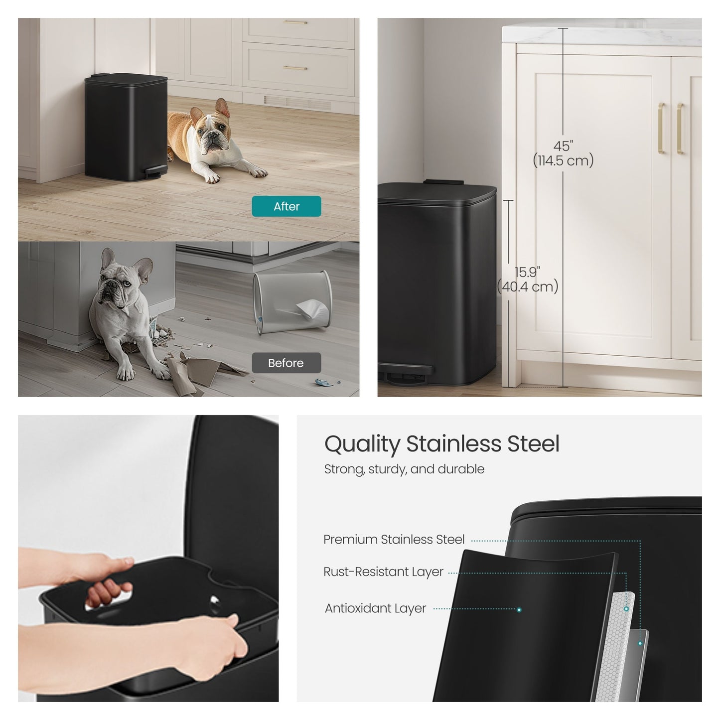 Kitchen Trash Can with Inner Bucket, 5.2-Gallon Soft-Close Lid Bin, Compact & Non-Slip Base, Stainless Steel,Ink Black