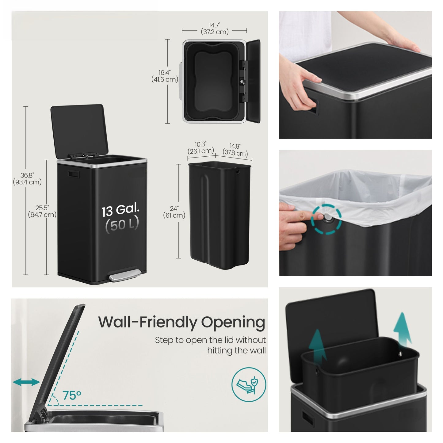 13-Gallon Trash Can with Soft-Close Lid, Removable Inner Bucket, Foot Pedal, Includes 15 Liners – Stainless Steel，Ink Black