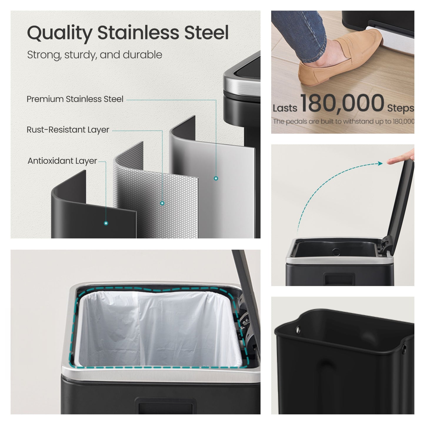 13-Gallon Trash Can with Soft-Close Lid, Removable Inner Bucket, Foot Pedal, Includes 15 Liners – Stainless Steel，Ink Black