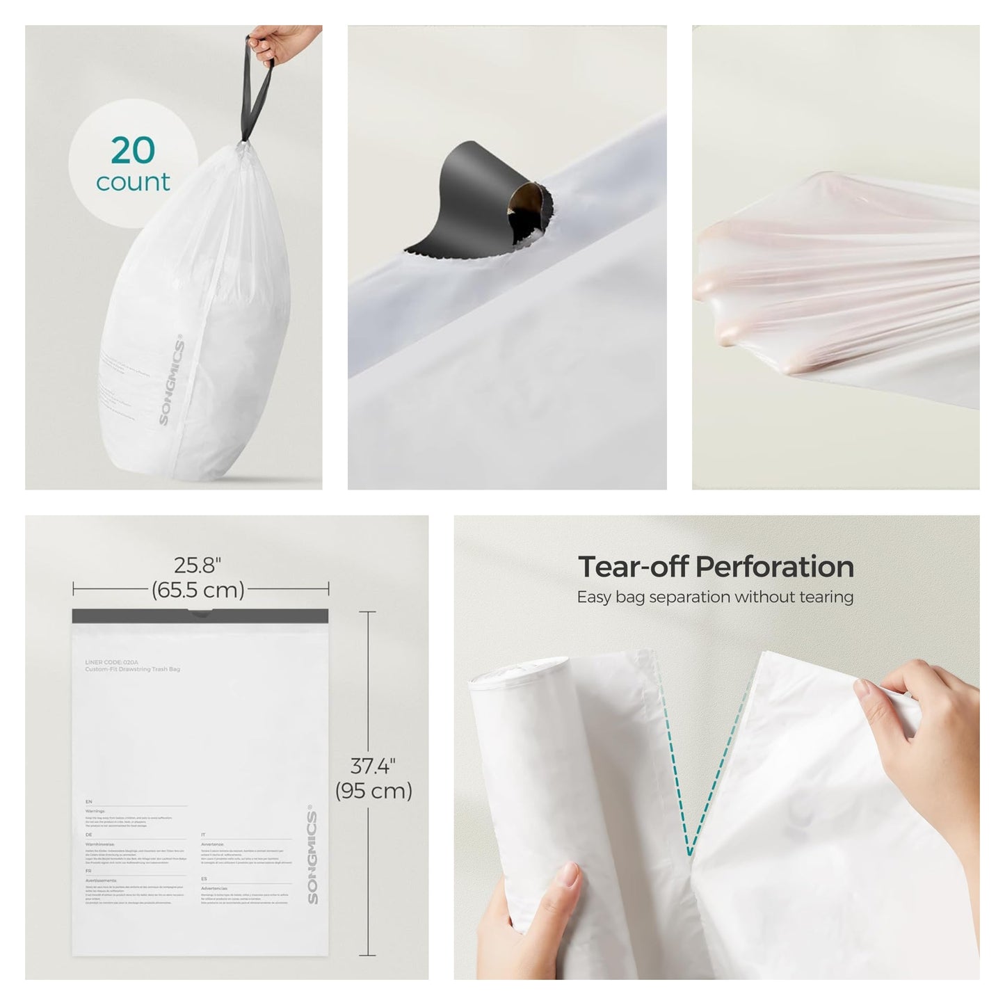 18 Gallon Heavy Duty Drawstring Trash Bags, 80 Count Kitchen Garbage Bag Liners for Large Cans, 4 Rolls, White