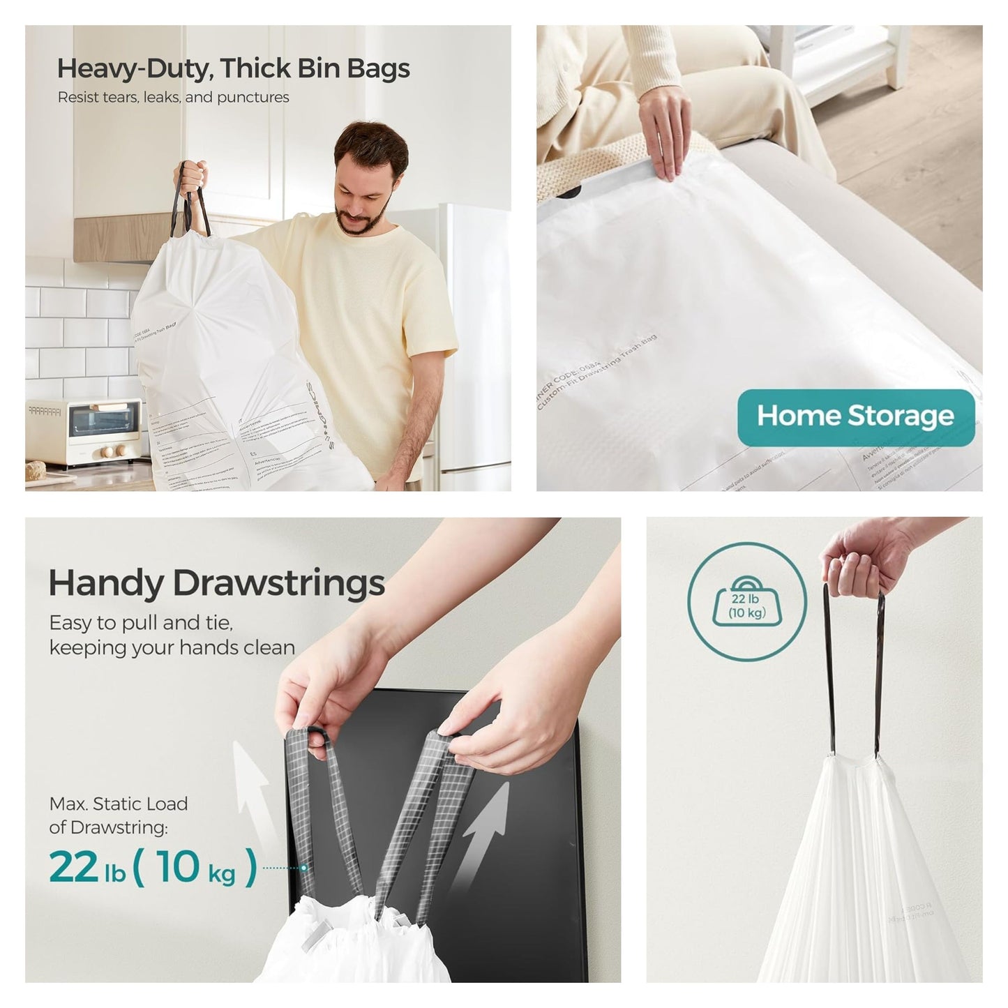 18 Gallon Heavy Duty Drawstring Trash Bags, 80 Count Kitchen Garbage Bag Liners for Large Cans, 4 Rolls, White