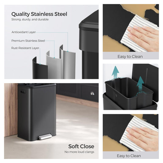 10.5-Gallon Step Kitchen Trash Can, Soft-Close Stay-Open Lid, Inner Bucket, Wide Pedal, Compact Design, Stainless Steel,White