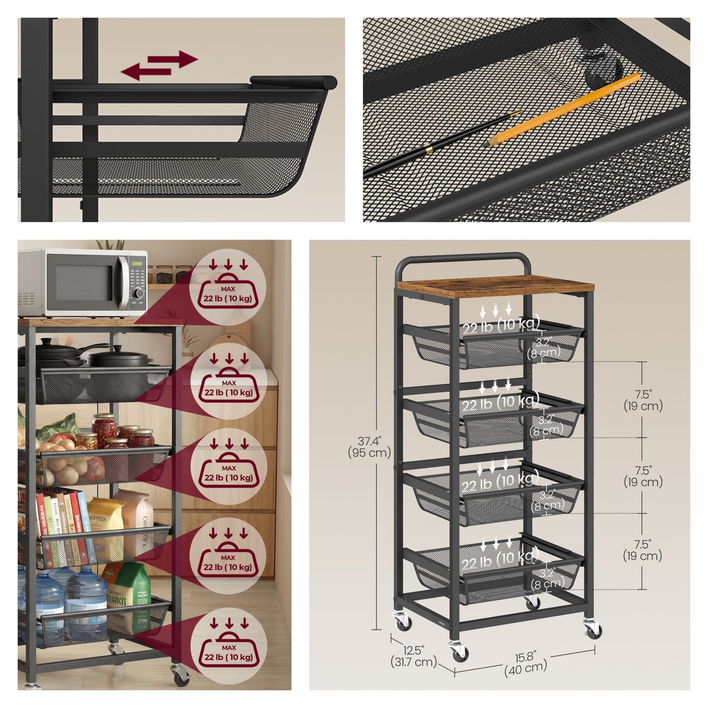 5-Tier Rolling Kitchen Cart with Pull-Out Baskets, Utility Storage Cart with Wheels & Handle, for Snacks, 37.4 x 15.8 x 12.5 Inches, Rustic Brown and Ink Black