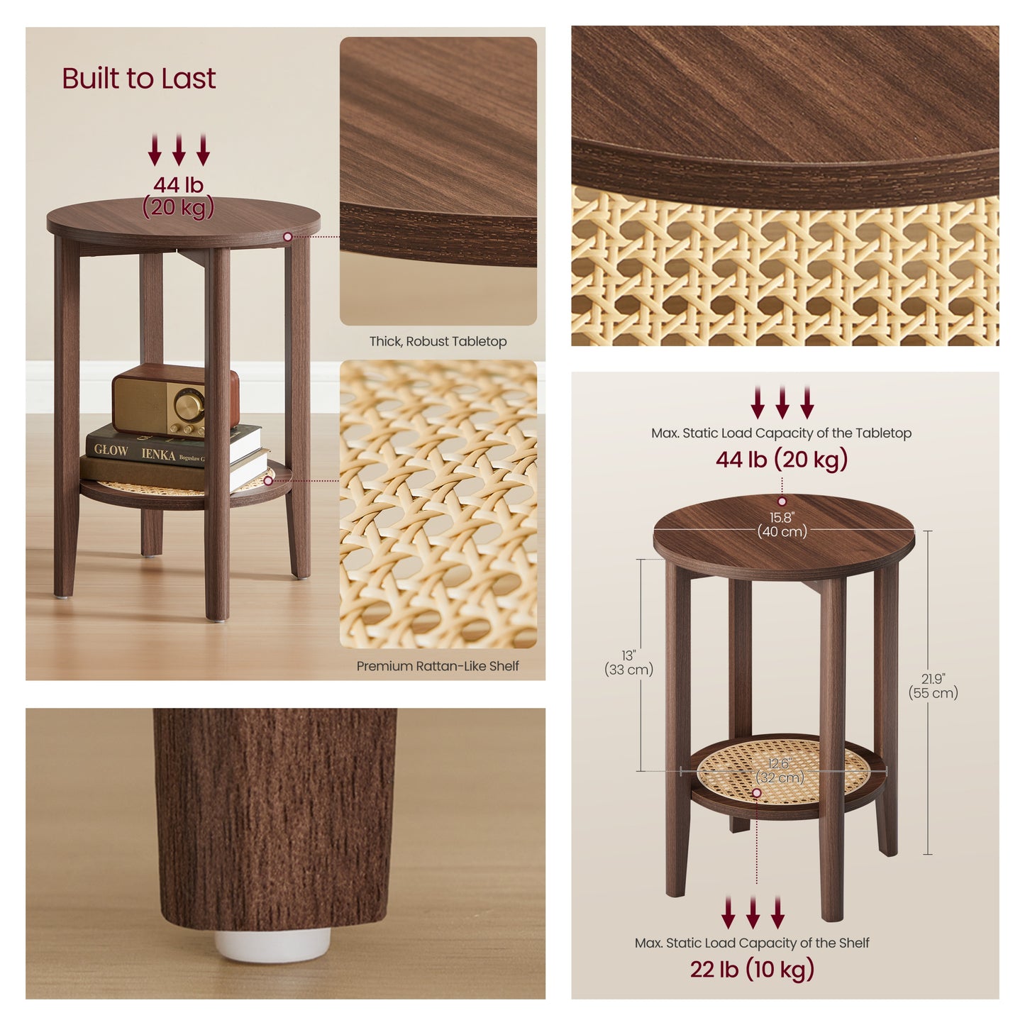2-Tier Round End Table with Rattan Shelf, Boho Nightstand for Small Spaces, Living Room, Bedroom and Home Office, Black Walnut