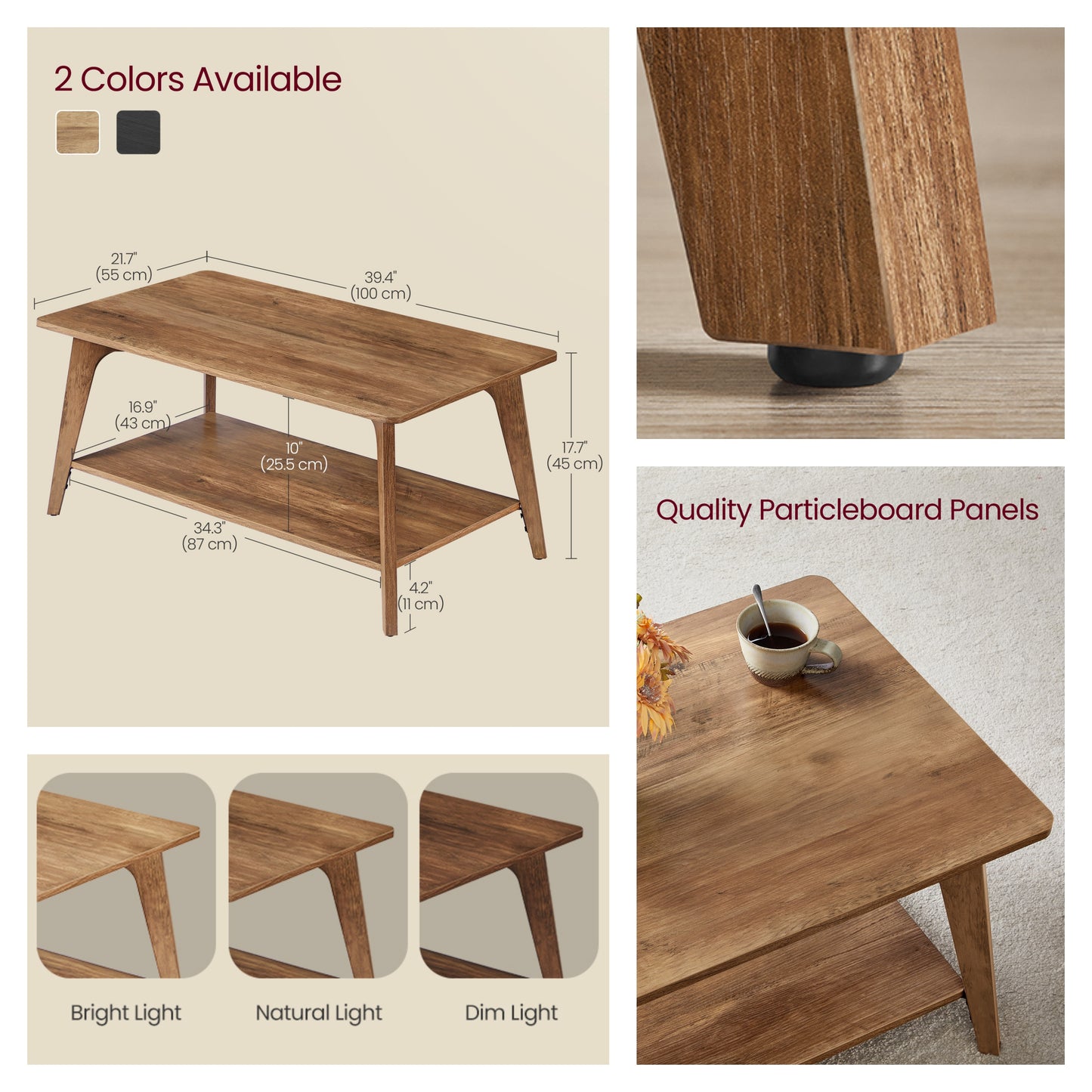 2-Tier Coffee Table with Storage Shelf, Modern Center Table with Tapered Legs, for Living Room, Easy Assembly, 39.4"W x 21.7"D x 17.7"H