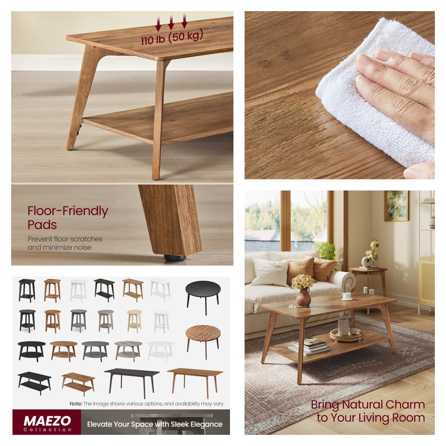 2-Tier Coffee Table with Storage Shelf, Modern Center Table with Tapered Legs, for Living Room, Easy Assembly, 39.4"W x 21.7"D x 17.7"H