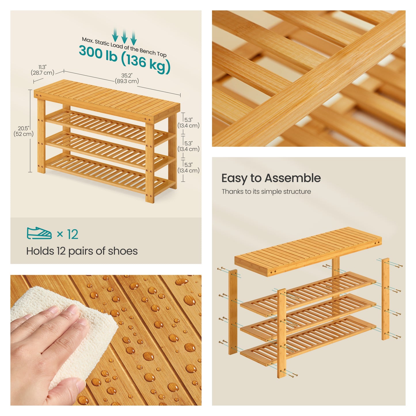 3-Tier Bamboo Shoe Rack Bench with Storage, Entryway Organizer for 12 Pairs of Shoes, Multi-Use Seat for Living Room & Bedroom, Light Bamboo