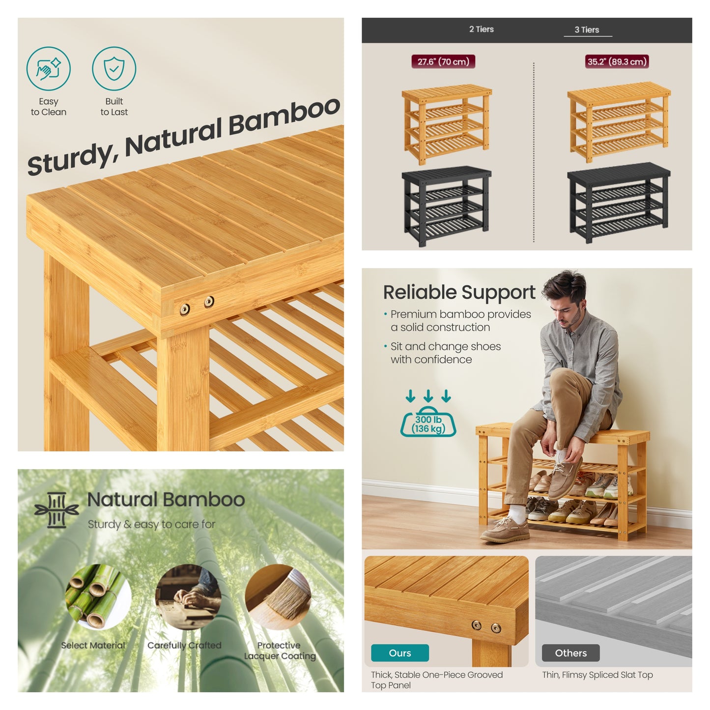 3-Tier Bamboo Shoe Rack Bench with Storage, Entryway Organizer for 12 Pairs of Shoes, Multi-Use Seat for Living Room & Bedroom, Light Bamboo