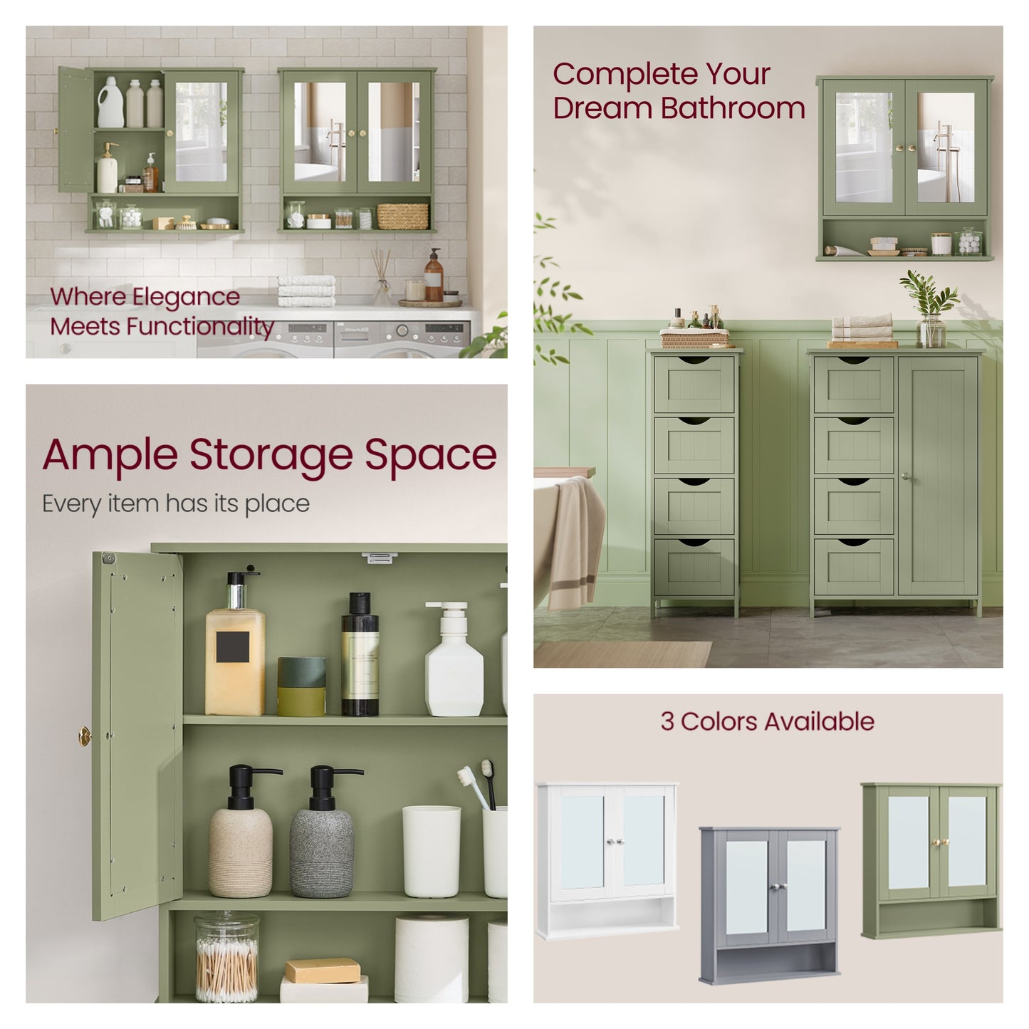 Bathroom Cabinet with 2 Mirrored Doors, Wall-Mounted Medicine Cabinet with Adjustable Shelf & Open Compartment